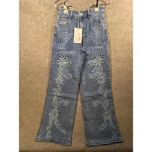 The Noli Shop Floral Rhinestone Cutout Wide Leg Jeans Blue Denim Size 27